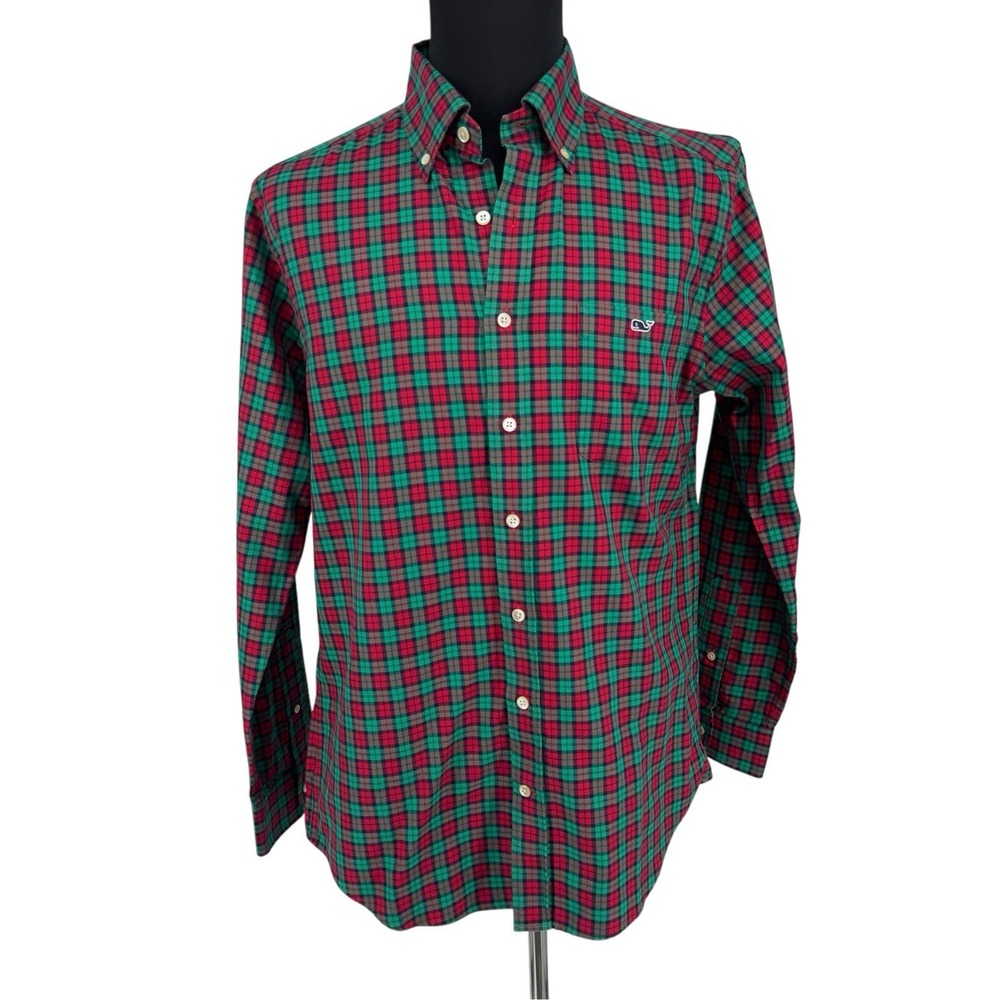 Vineyard Vines Mens M Slim Fit Tucker Shirt Red Green Plaid Button Down Holiday